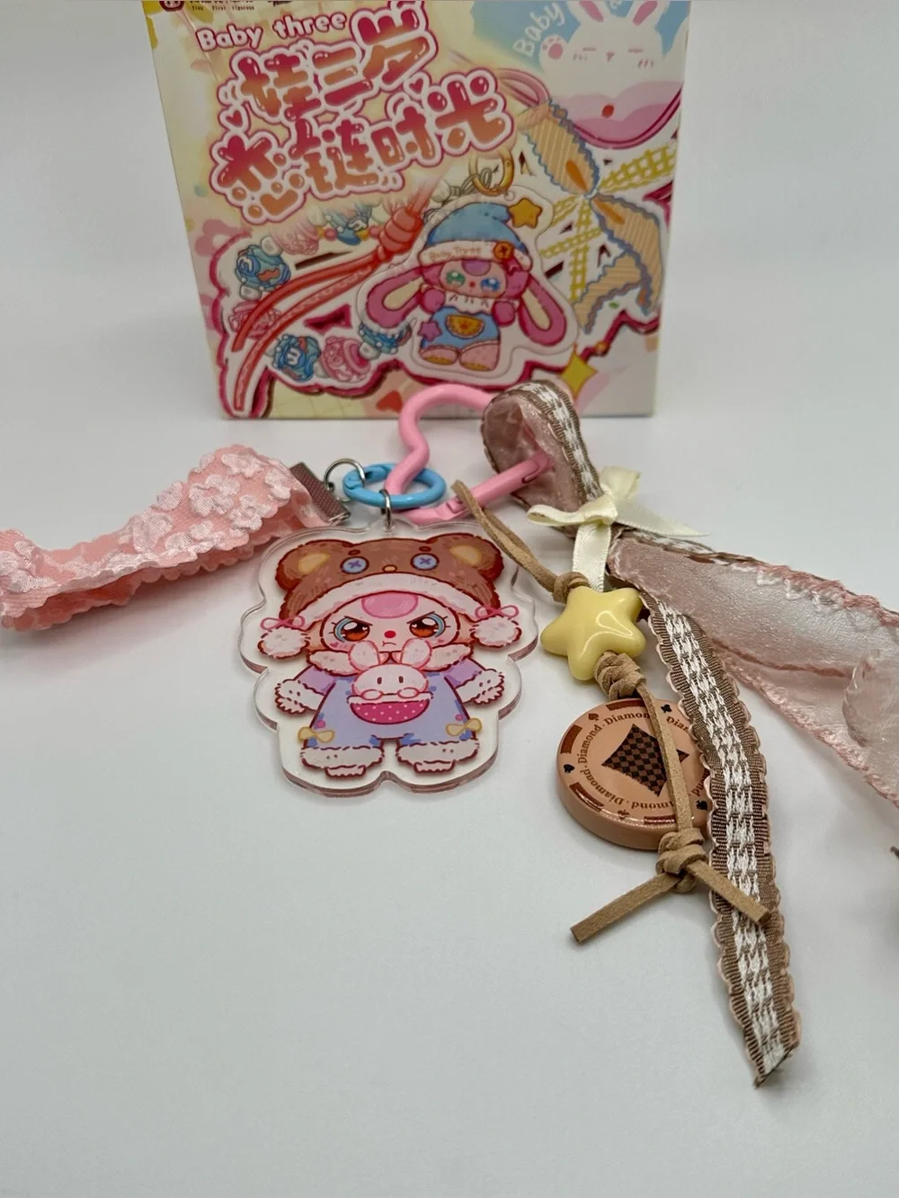 Baby Three BB3 Acrylic Keychain Love Chain Bag Charm Ribbon Heart Carabiner Clip